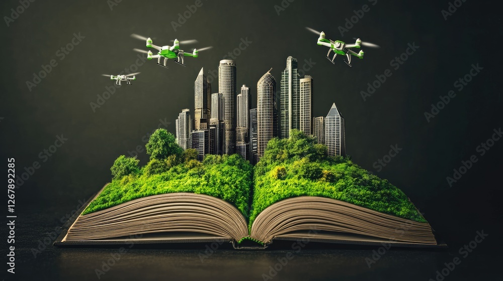 Poster open book pulsating with energy, displaying a future where autonomous drones map out eco-friendly ur