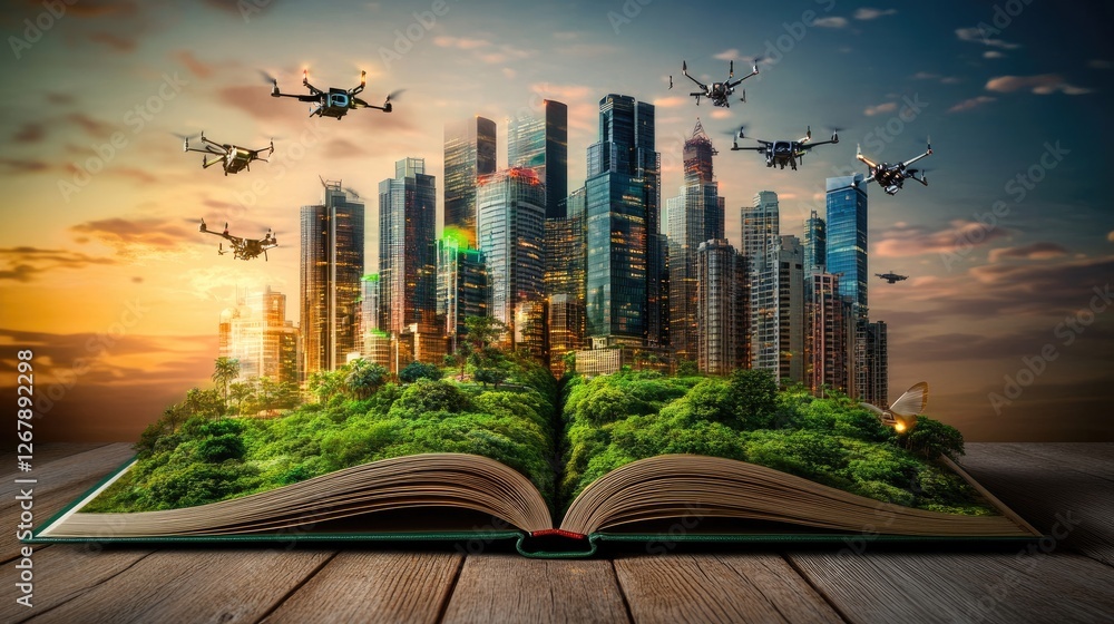 Poster open book pulsating with energy, displaying a future where autonomous drones map out eco-friendly ur