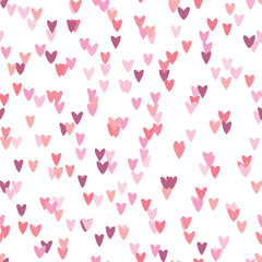 Seamless pattern with pink hearts. Template holiday vector illustration. Design for card, postcard, poster, print, banner. Cartoon colorful hearts on white background.