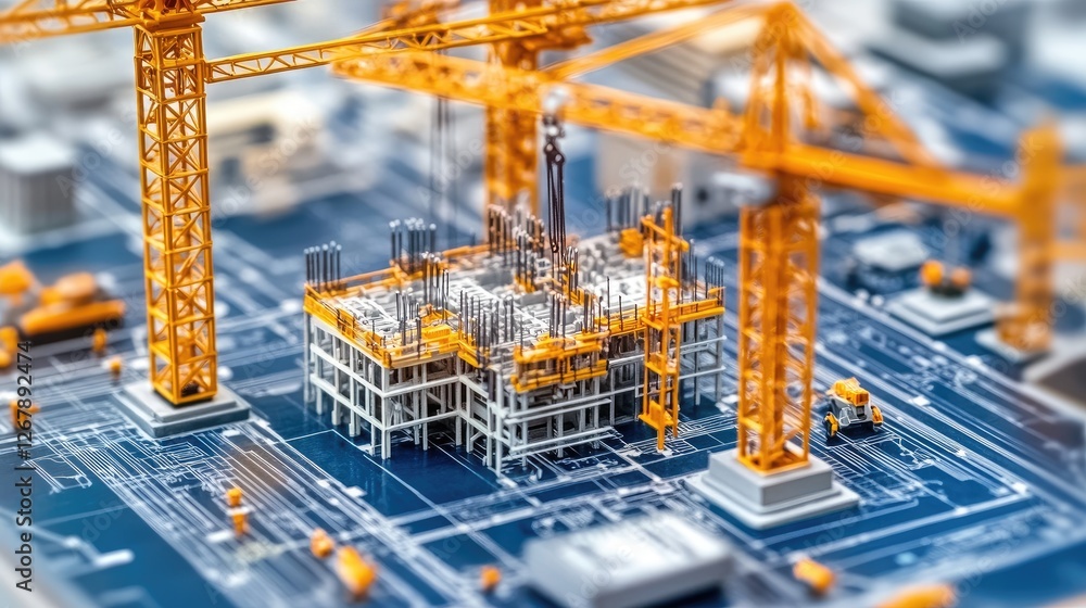 Poster open book with a shimmering screen, visualizing a hyper-efficient, ai-supervised construction hub
