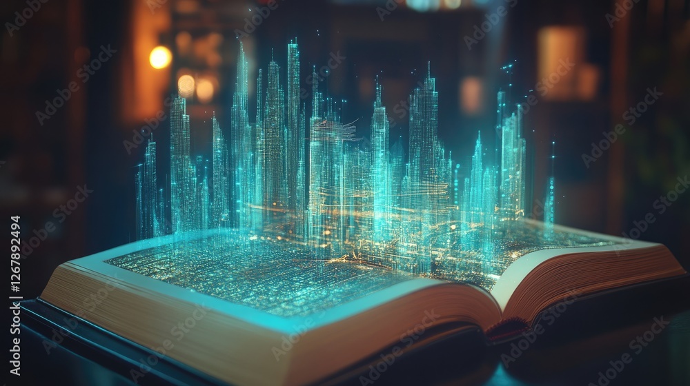Poster open book with a shimmering screen, visualizing a hyper-efficient, ai-supervised construction hub