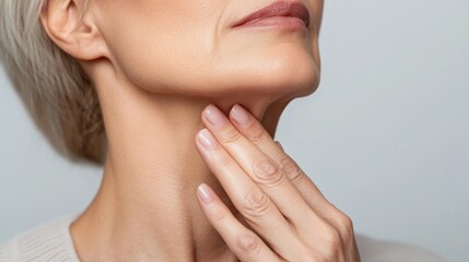 Mature caucasian female examining neck skin, close-up view on aging. Facial Fillers and Cosmetic Injections. Anti-wrinkle injections, Botox and fillers. Menopause Skin Care