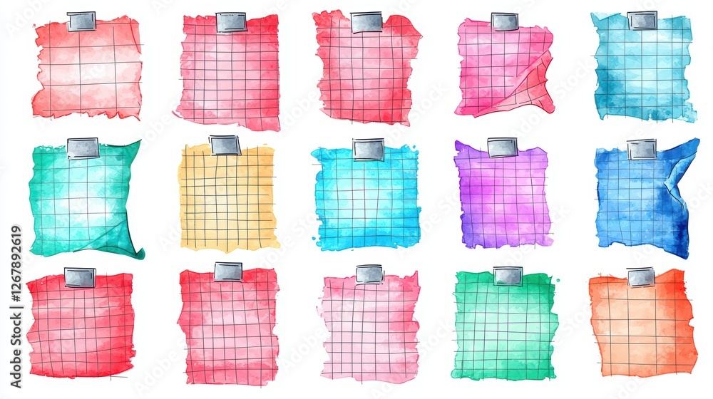 Aufkleber a collection of colorful textured paper squares with clips for design use.
