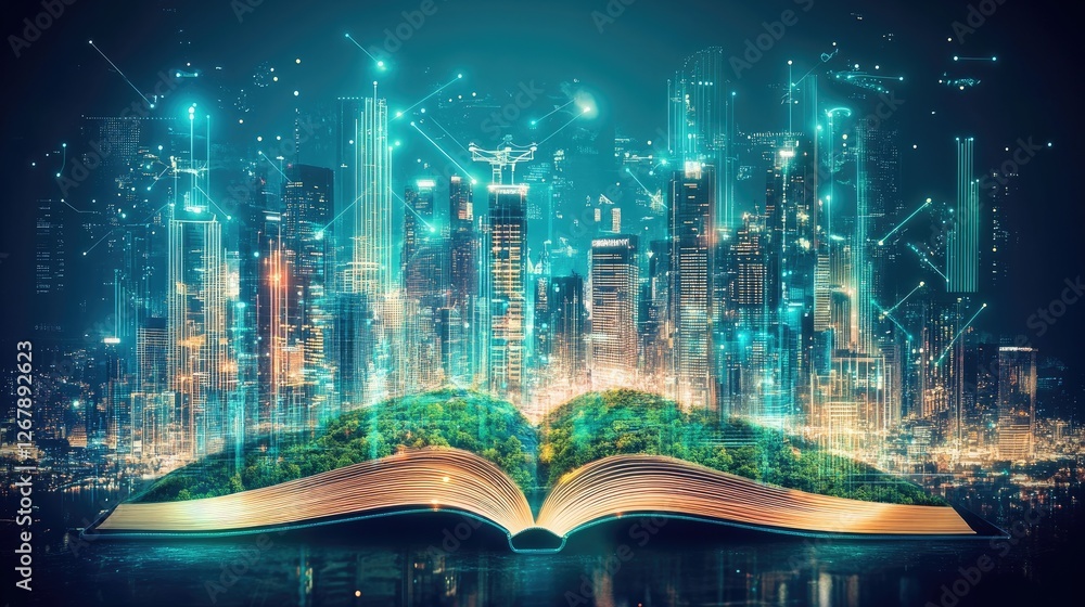 Poster open book with luminous pages, projecting a high-tech construction site where ai-powered drones assi