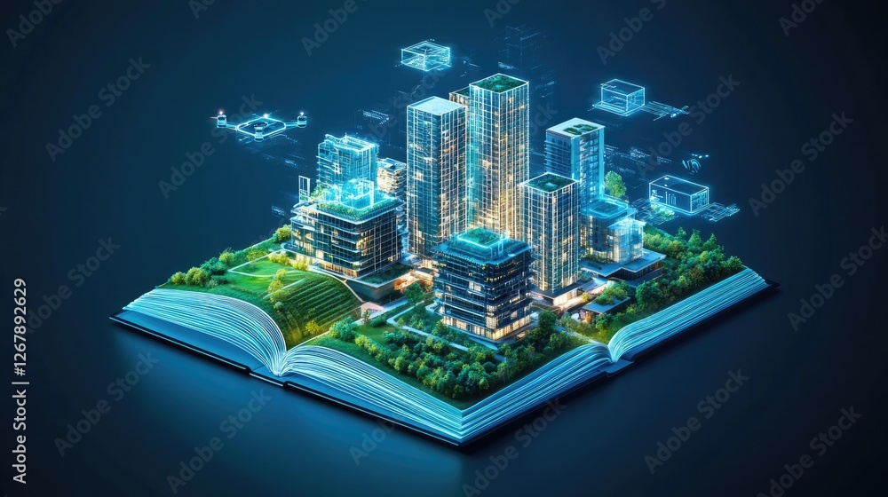 Poster open book with luminous pages, projecting a high-tech construction site where ai-powered drones assi