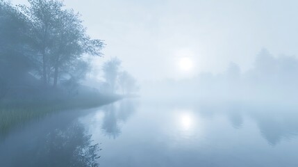 Fototapeta premium Dense Fog Quiet Lake Tranquil Waters Hazy Horizons Stillness