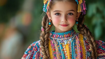 Fototapeta premium folk heritage celebration featuring a joyful child in a vibrant and enchanting summer costume with a beautiful traditional dress and graceful ethnic fashion