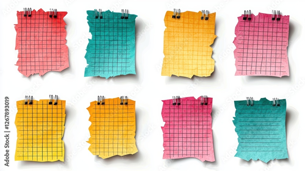 Poster colorful torn sticky notes with grids arranged in a 3x3 layout.