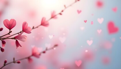Beautiful Pink Flowers and Hearts Soft Background Romantic Spring Blossom