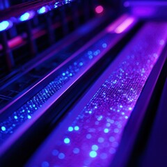 Close-up of illuminated, sparkling machine parts in a manufacturing facility