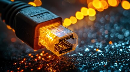 Close-up of illuminated network connector, glittering background