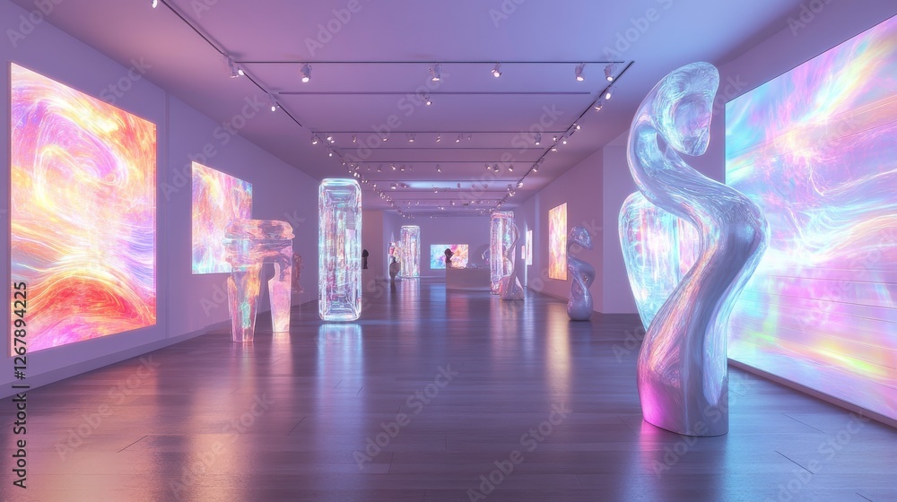 Poster a modern art gallery featuring vibrant, abstract installations illuminated with colorful lights and 