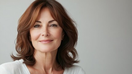 Naklejka premium Caucasian mature female smiling portrait with brown hair in natural light. Menopause Skin Care