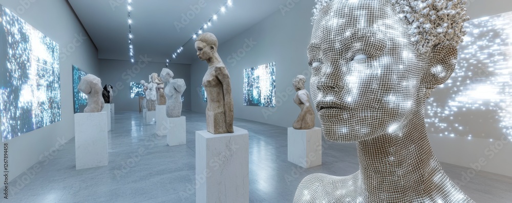 Poster a modern art gallery features illuminated sculptures and digital displays, creating a futuristic atm