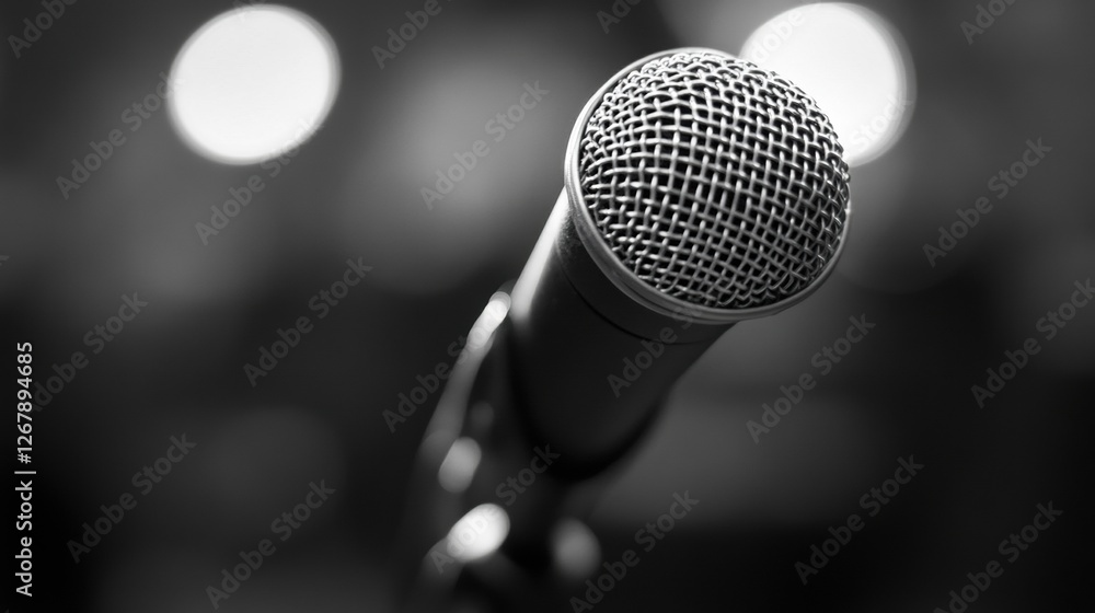 Poster close up of a microphone ready for a performance in an indoor venue with warm background lighting. g