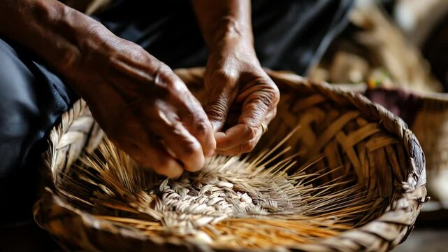 Weathered hands weaving intricate circular basket from dried palm leaf strips, showcasing traditional handcraft artistry