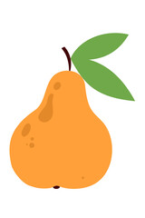 Minimalist illustration of a ripe orange pear with green leaves on white background. Modern flat design fruit icon perfect for healthy eating, food apps, packaging design and lifestyle branding