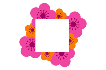 Beautiful pink & orange flower frame PNG. Abstract blossom border with blank square center. Perfect for spring, Easter, feminine, beauty designs, and social media
