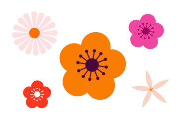 Stylized set of vector flowers PNG. Collection of graphic blossom illustrations in pink, orange, and red. Great for spring, beauty designs, patterns, social media