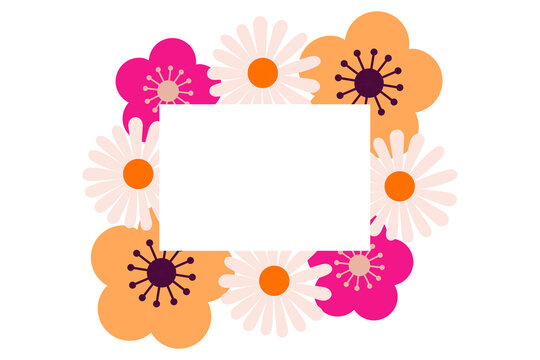 Colorful, rectangle floral frame with orange, pink, and purple flowers flat vector illustration. Perfect for invitations, cards, posters, articles and social media. Transparent PNG for versatile use