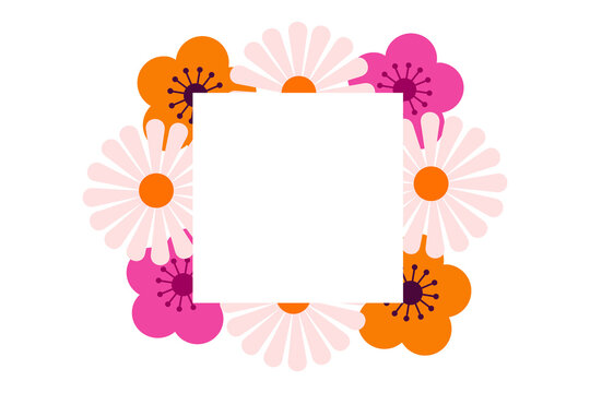 Colorful, square floral frame with orange, pink, and purple flowers flat vector illustration. Perfect for invitations, cards, posters, articles, and social media. Transparent PNG for versatile use