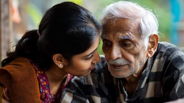 Compassionate senior caregiver providing supportive assistance, tenderly helping elderly gentleman maintaining comfort and personal dignity