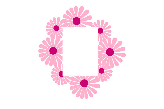Beautiful daisy frame PNG vector illustration. Pink floral border with dark pink, purple centers and blank rectangle. Great for beauty designs, cards, celebrations, banner, and social media