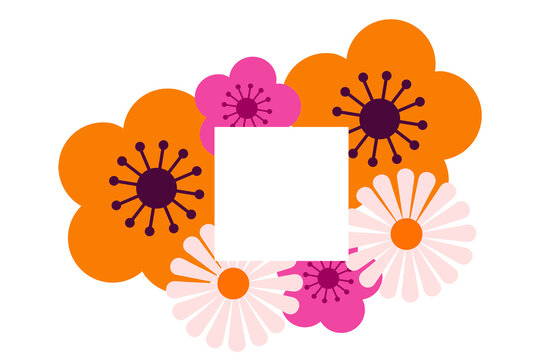 Colorful floral frame with orange, pink, and purple flowers flat vector illustration. Perfect for invitations, cards, posters, and social media. Transparent PNG for versatile use