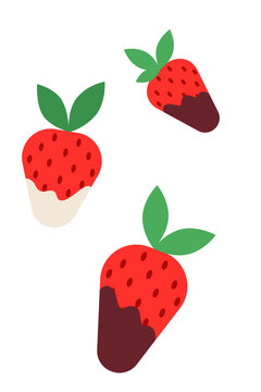 Chocolate covered strawberries in flat design style. Modern minimal vector illustration of sweet dessert berries with white and dark chocolate dipping. Perfect for Valentine's Day, food packaging