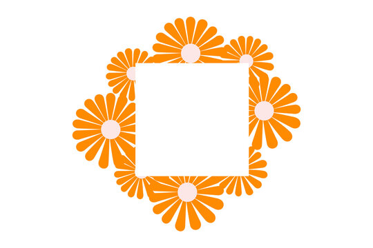 Orange, yellow flower square frame vector illustration, PNG. Fun blossom border with square blank space. Perfect for cards, invitations, social media and graphic designs