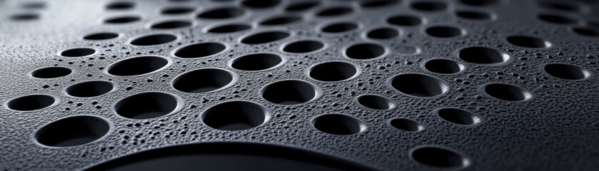 A close-up image showing a textured surface with varying sizes of circular indentations, possibly featuring moisture or droplets.
