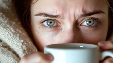 Close-up of young female with blue eyes drinking from white mug. Sleepmaxxing, good sleep practices, sleep hygiene