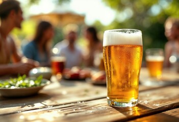 Cold beer glass sitting on wooden table during garden party