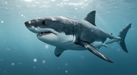 Great White Shark Swimming Gracefully Underwater in the Ocean Light
