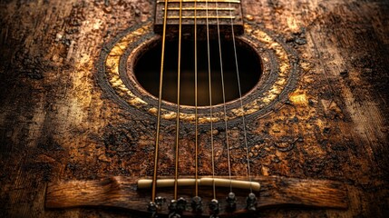 Naklejka premium Close-up of weathered acoustic guitar soundhole