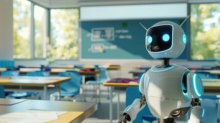 A modern classroom where AI-powered robots are teaching students, assisting with virtual reality lessons and real-time personalized feedback systems.