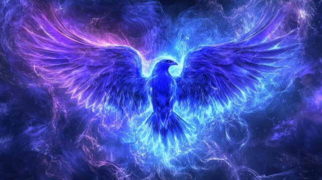 Fiery blue phoenix bird in flight, wings spread wide, surrounded by cosmic smoke.