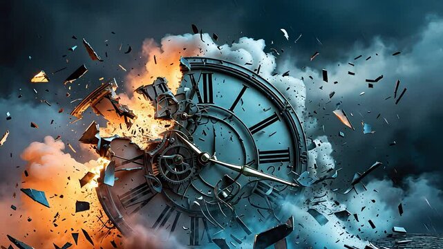 Exploding Vintage Clock with Fiery and Icy Elements Amidst Smoke and Debris in a Dramatic Conceptual Scene

