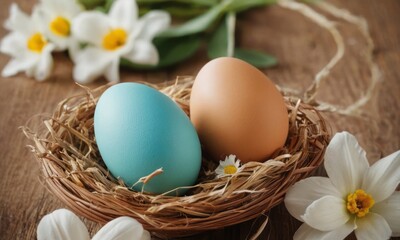 Two beautifully colored eggs resting in a nest with fresh daisies, symbolizing spring and renewal.