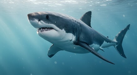 Great White Shark Swimming Underwater in Ocean with Sun Rays