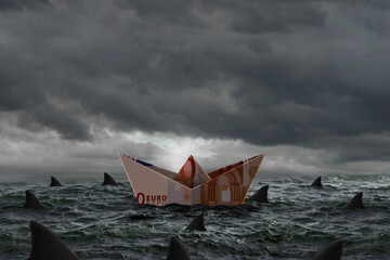 Boat made of Euro banknote paper is surrounded by sharks