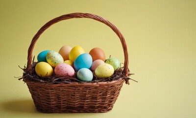 Colorful Easter eggs arranged in a woven basket against a cheerful yellow background.