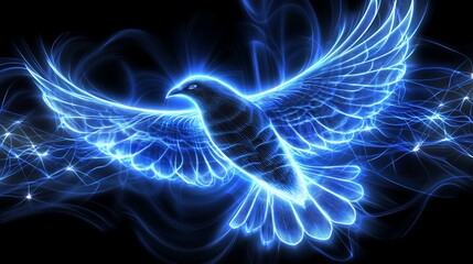 Glowing blue bird in flight, ethereal energy.