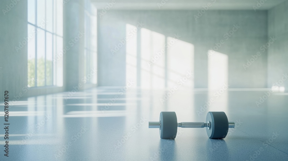 Aufkleber Empty modern gym space with a single dumbbell placed on a polished floor by large windows during daylight. Generative AI