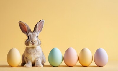 A fluffy gray rabbit sits beside pastel-colored eggs on a cheerful yellow background, evoking a festive spring vibe.