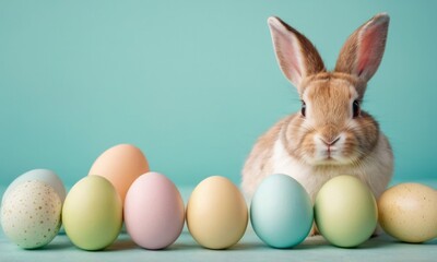 A cute beige rabbit with big ears sitting in front of pastel-colored eggs, creating a playful Easter scene.