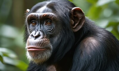 Naklejka premium Close-up portrait of a chimpanzee gazing thoughtfully amidst lush greenery.