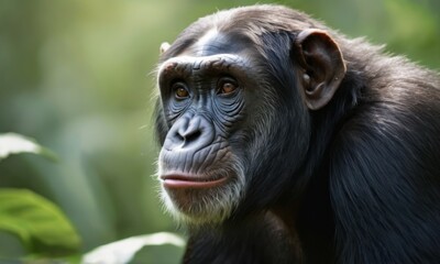 A close-up of a thoughtful chimpanzee gazing into the distance amidst lush greenery.