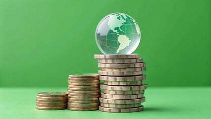 3D representation of stacked coins beneath a globe depicting the interconnectedness of finance and environment in the pursuit of economic sustainability.