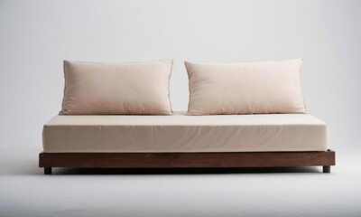 Obraz premium A stylish minimalist sofa with soft cream cushions, perfect for modern living spaces.